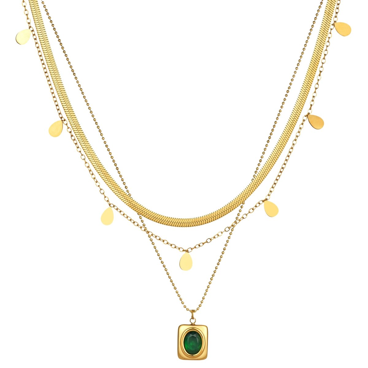 Gold plated layered stainless steel necklace with green stone pendant and polished disc charms