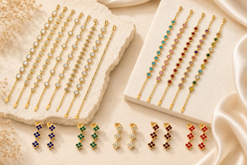 Wholesale stainless steel necklaces and colorful stud earrings displayed for jewelry buyers