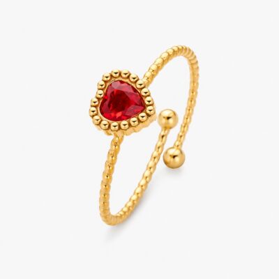 Red Heart Wrap Ring with gold beaded band and heart crystal setting