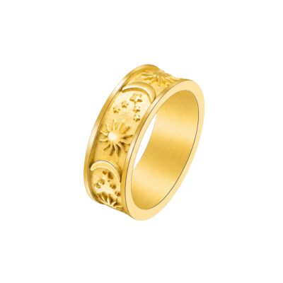 Celestial Band Ring with raised sun, moon and star details in gold tone