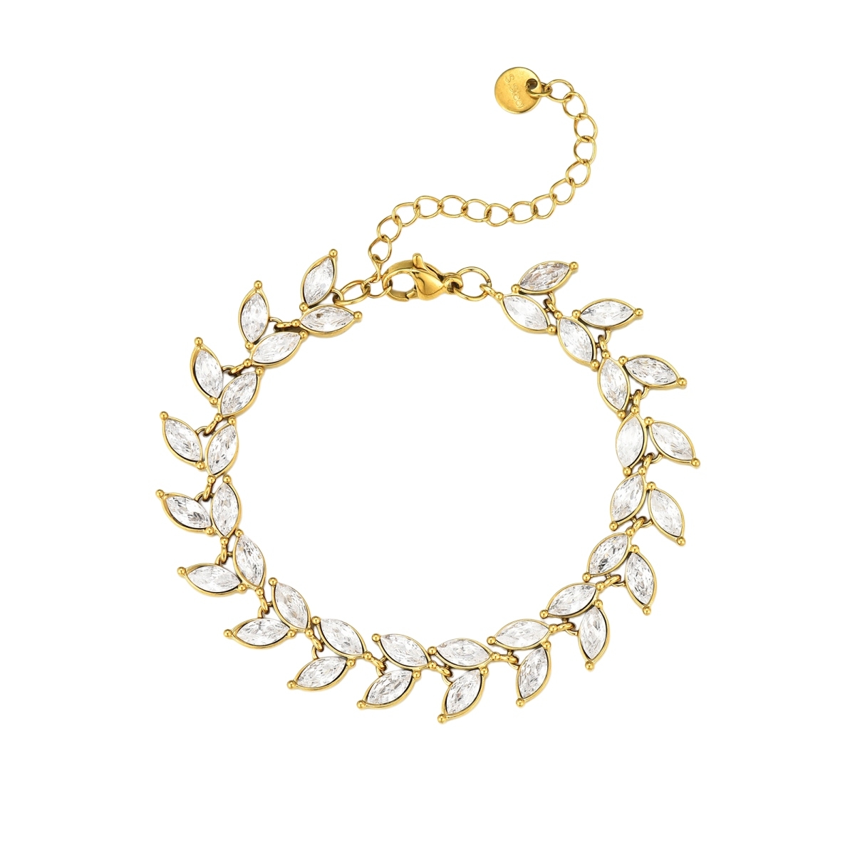 Gold crystal leaf bracelet with clear marquise-cut stone settings