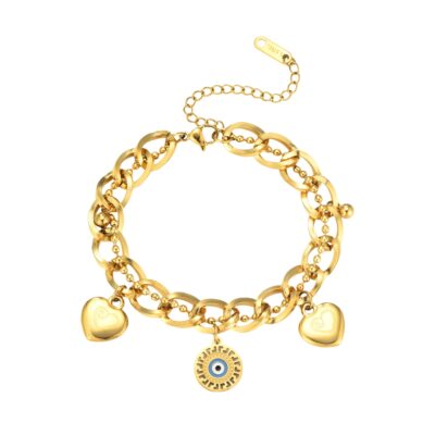 Gold heart eye charm bracelet with chunky oval links and decorative pendants