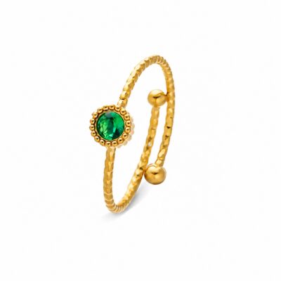 Green Stone Wrap Ring with hammered gold band and round crystal setting