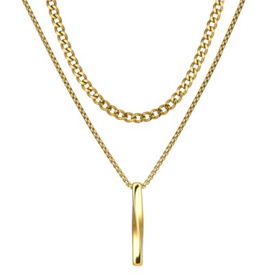 Gold layered stainless steel bar necklace with curb chain and box chain design