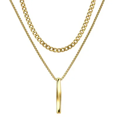 Gold layered stainless steel bar necklace with curb chain and box chain design