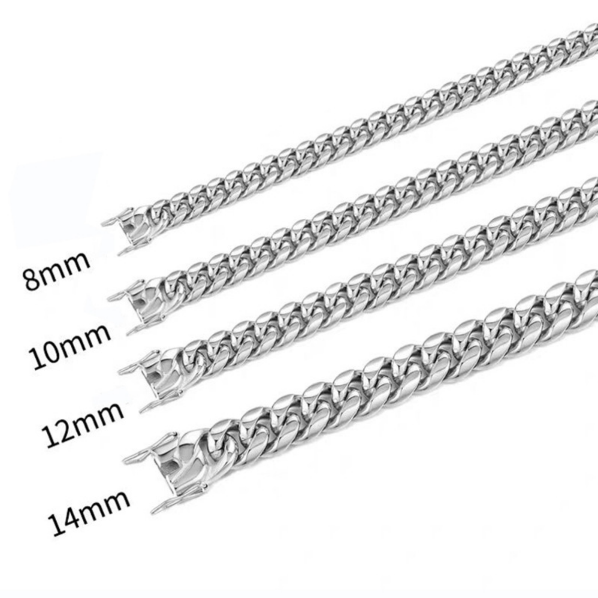 Cuban Chain Bracelet detail showing silver finish, clasp structure and 8mm to 14mm width options