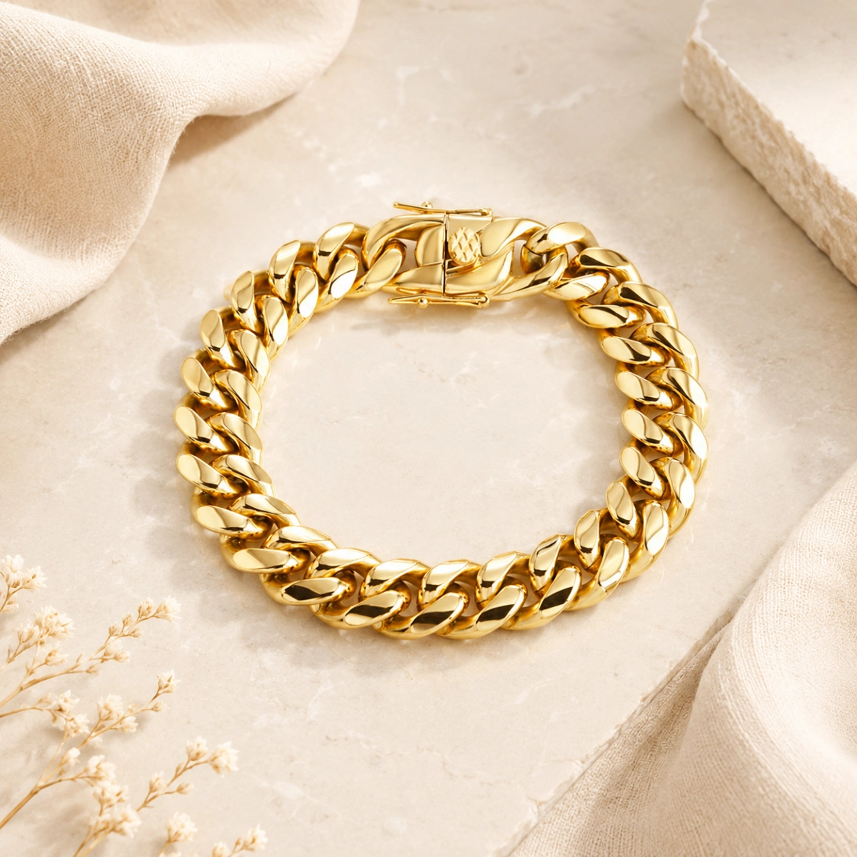 Cuban Chain Bracelet detail showing silver finish, clasp structure and 8mm to 14mm width options
