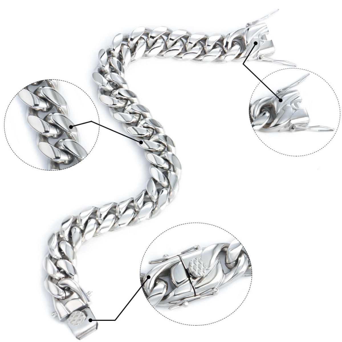 Cuban Chain Bracelet detail showing silver finish, clasp structure and 8mm to 14mm width options