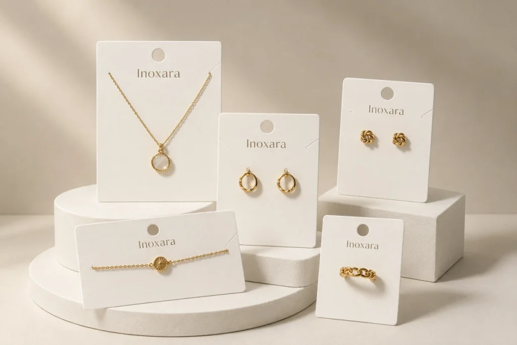 Custom jewelry cards with logo packaging and barcode labels for jewelry brands