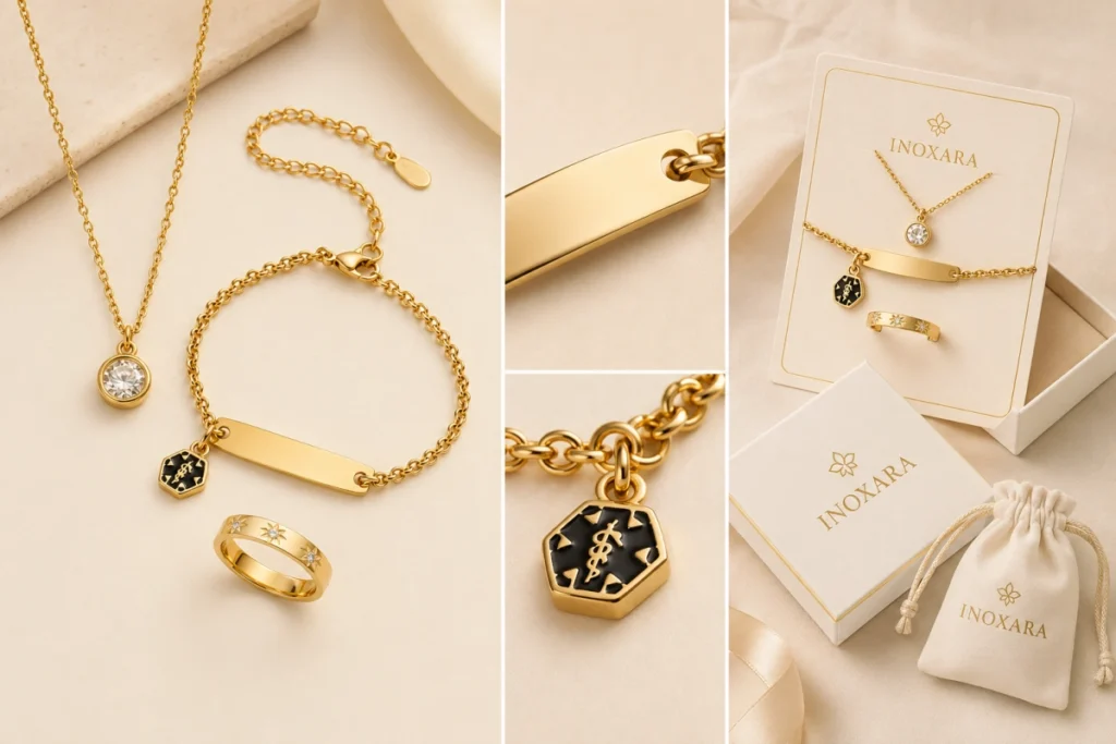 Custom logo jewelry with stainless steel logo tag and private label packaging