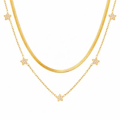 Layered Star Charm Necklace in gold tone with snake chain and star charm chain