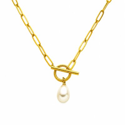 Paperclip chain pearl necklace in gold tone with toggle clasp and pearl drop pendant