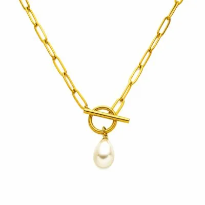 Paperclip chain pearl necklace in gold tone with toggle clasp and pearl drop pendant