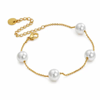 Gold Pearl Station Bracelet with white pearl beads and adjustable extension chain