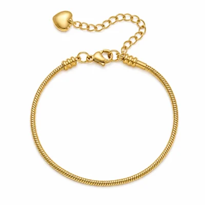 Gold Snake Chain Bracelet with heart charm extension chain and lobster clasp