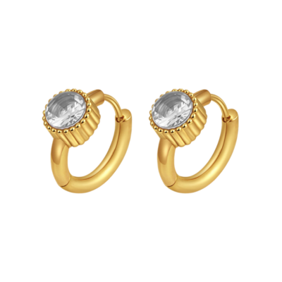 Round Stone Huggie Earrings with clear crystal stones and gold-tone hoop design